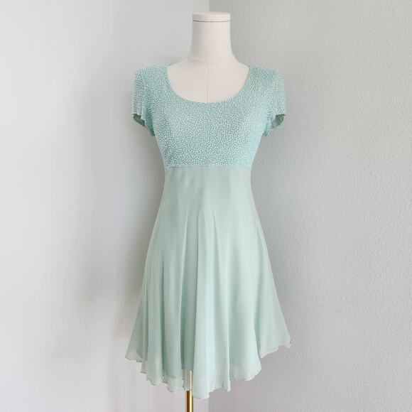 Vintage Bieff Basix Mint Green Beaded Silk Dress 90s Y2K Style Mini Fit Flare 2 - Picture 1 of 11